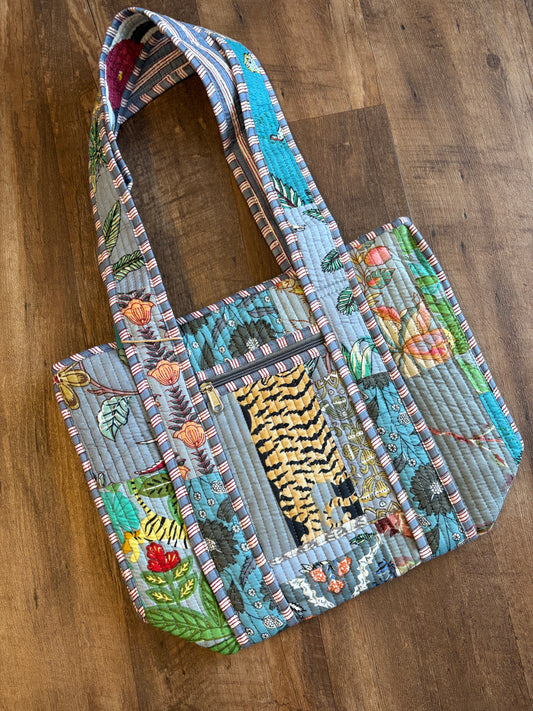 Blue Grey Small Quilted Tote