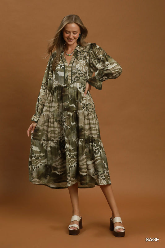 Sage Printed Midi Dress