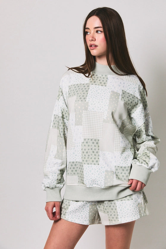 Sage Patchwork Mockneck Pullover