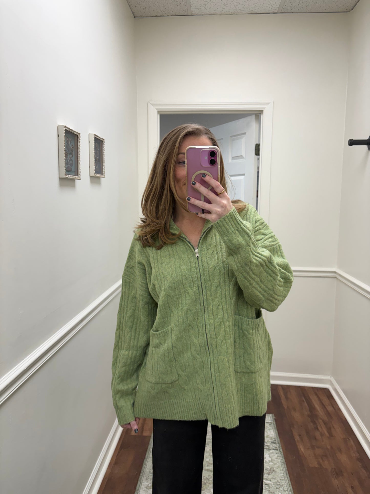 Green Zipper Cable Cardigan
