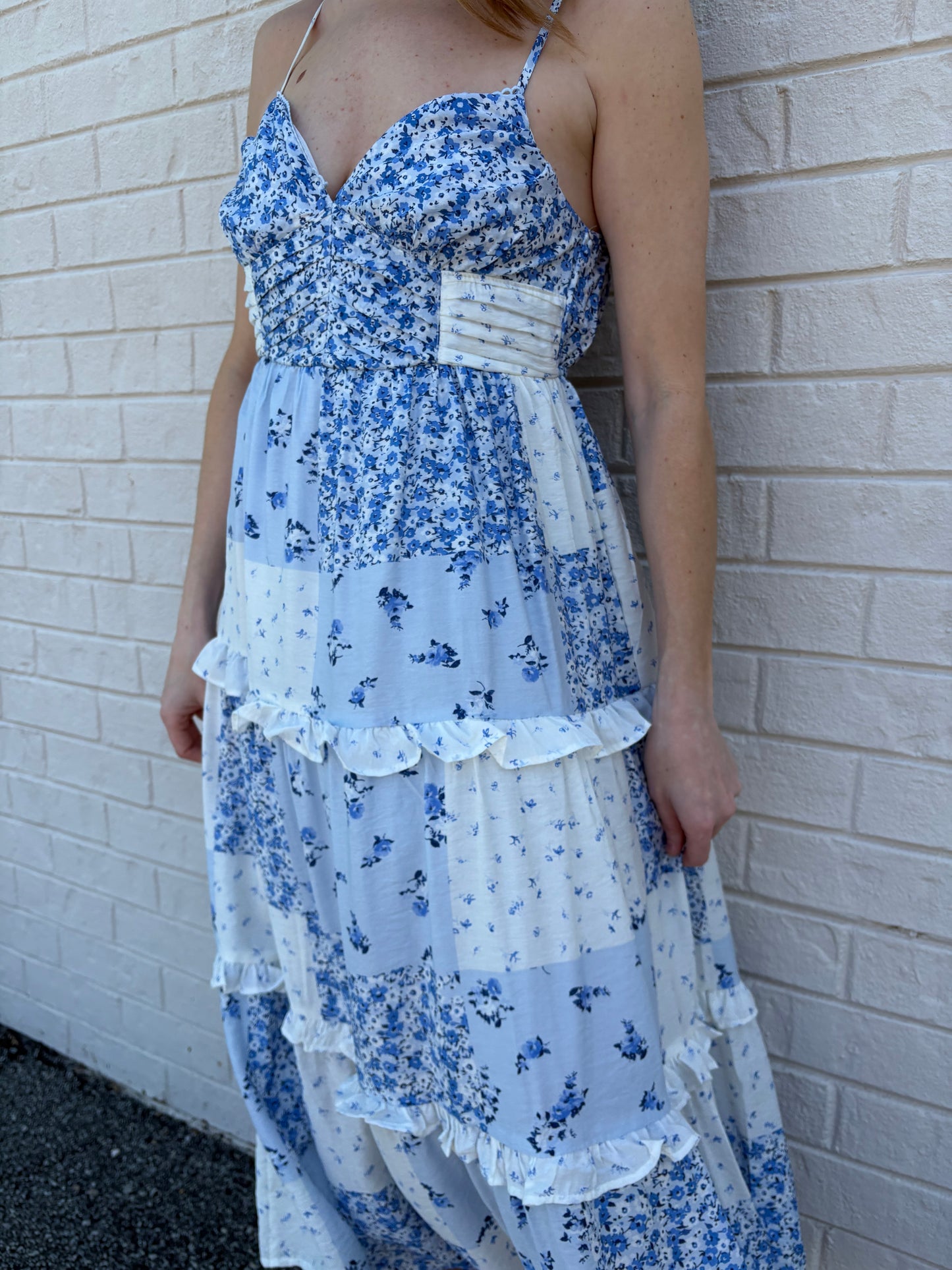 Blue Patchwork Midi Dress