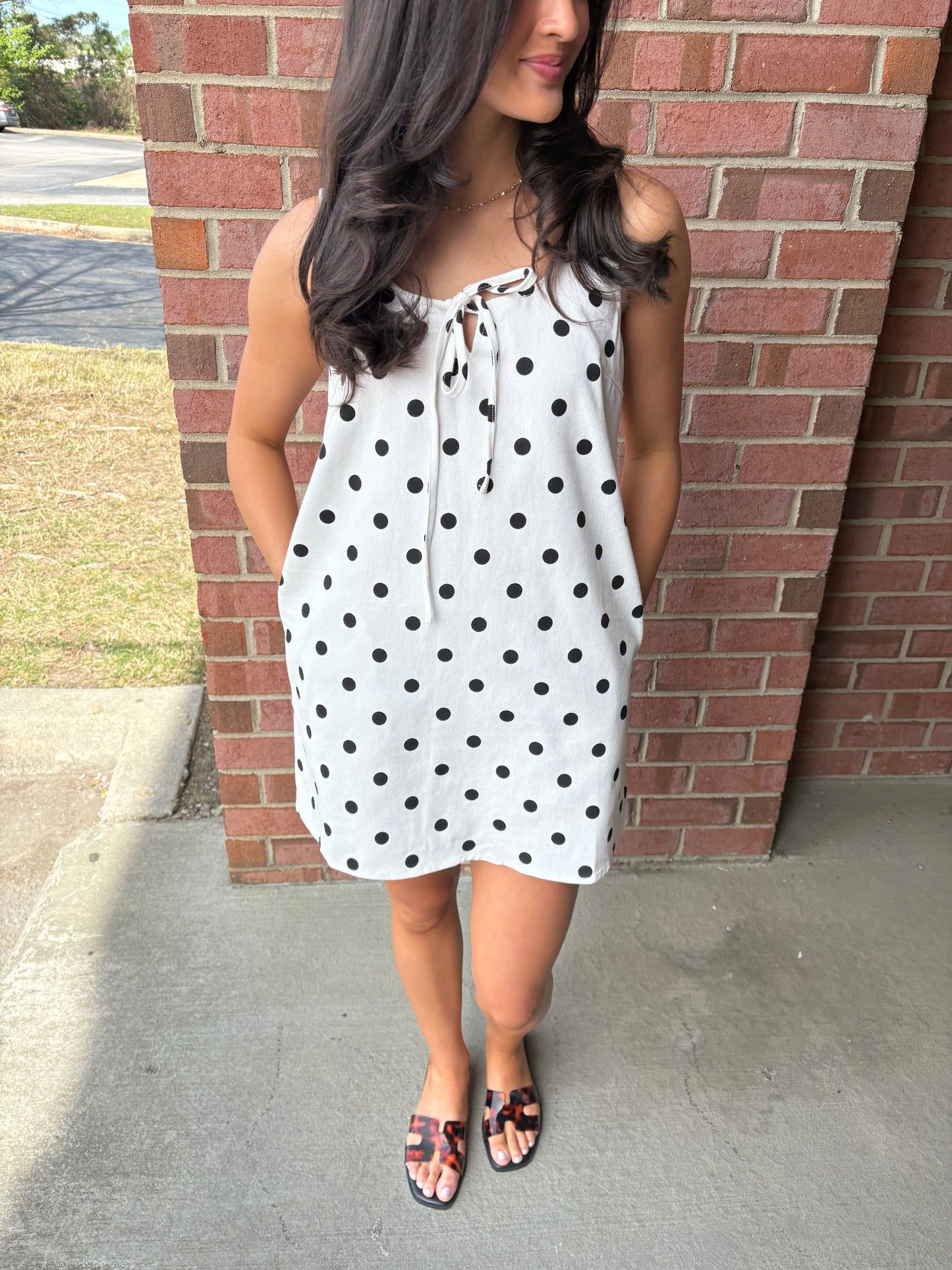 White Polkadot Denim Mini Dress