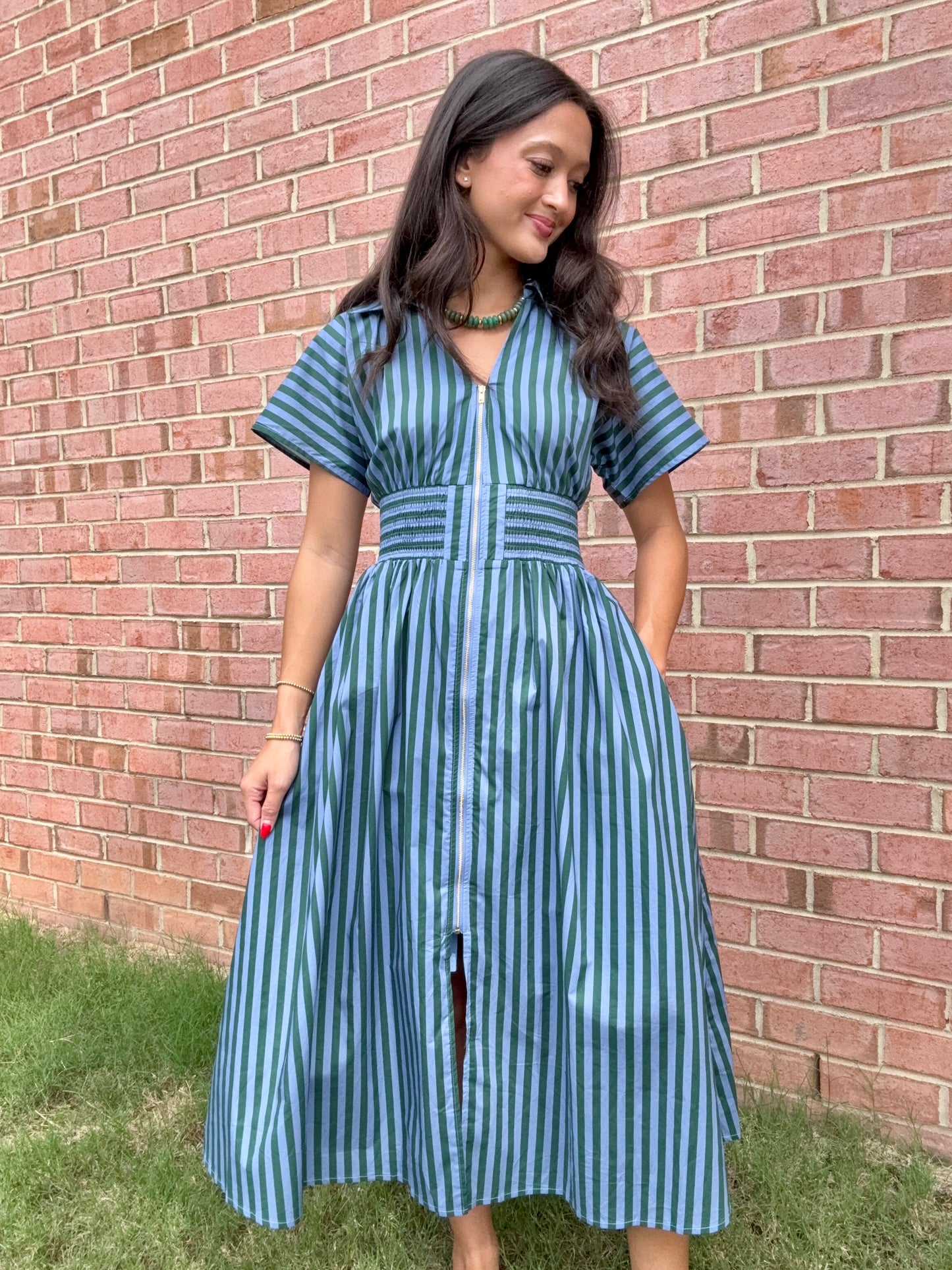 Blue Green Striped Midi Dress