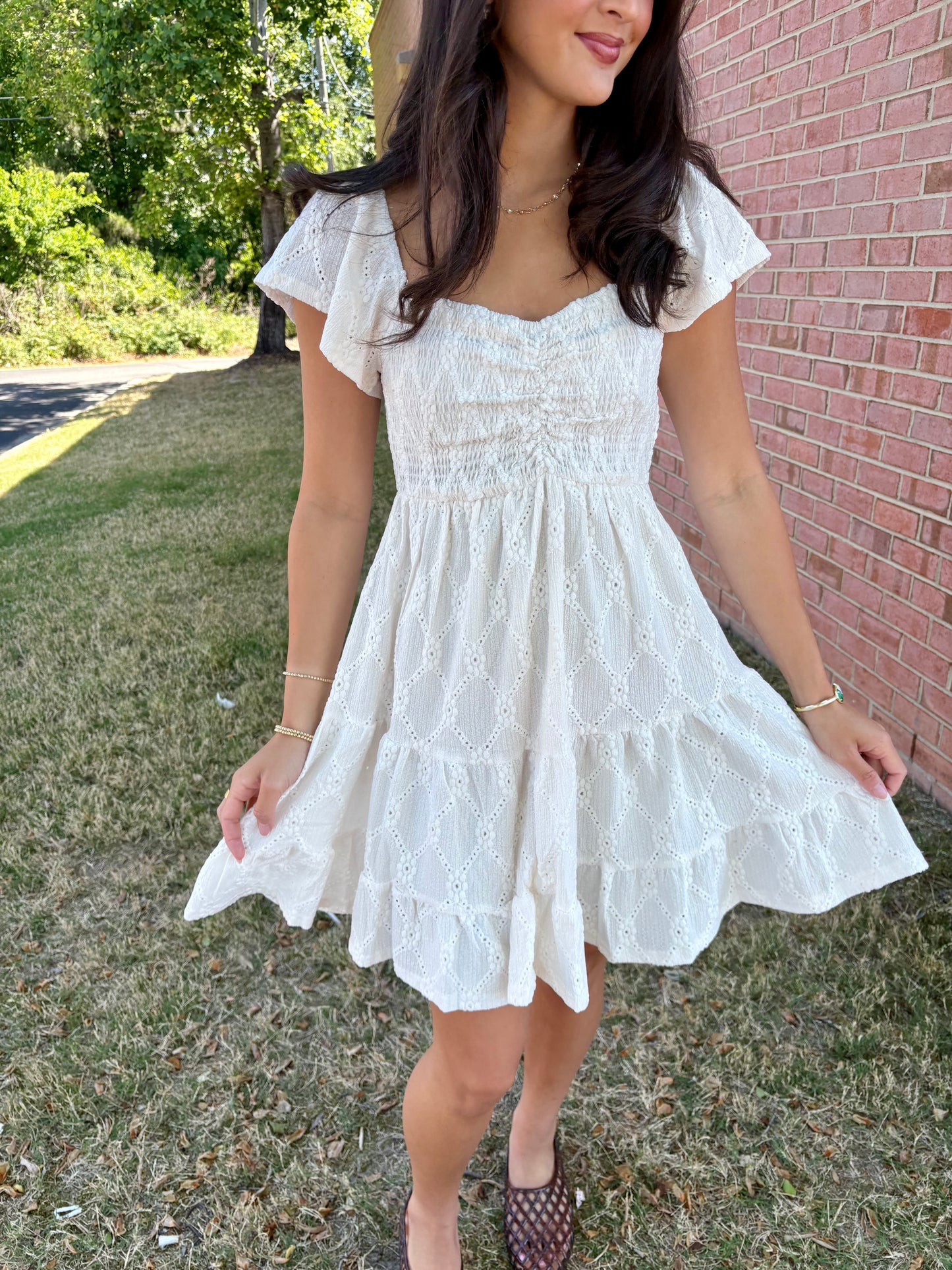 Eyelet Flutter Sleeve Dress