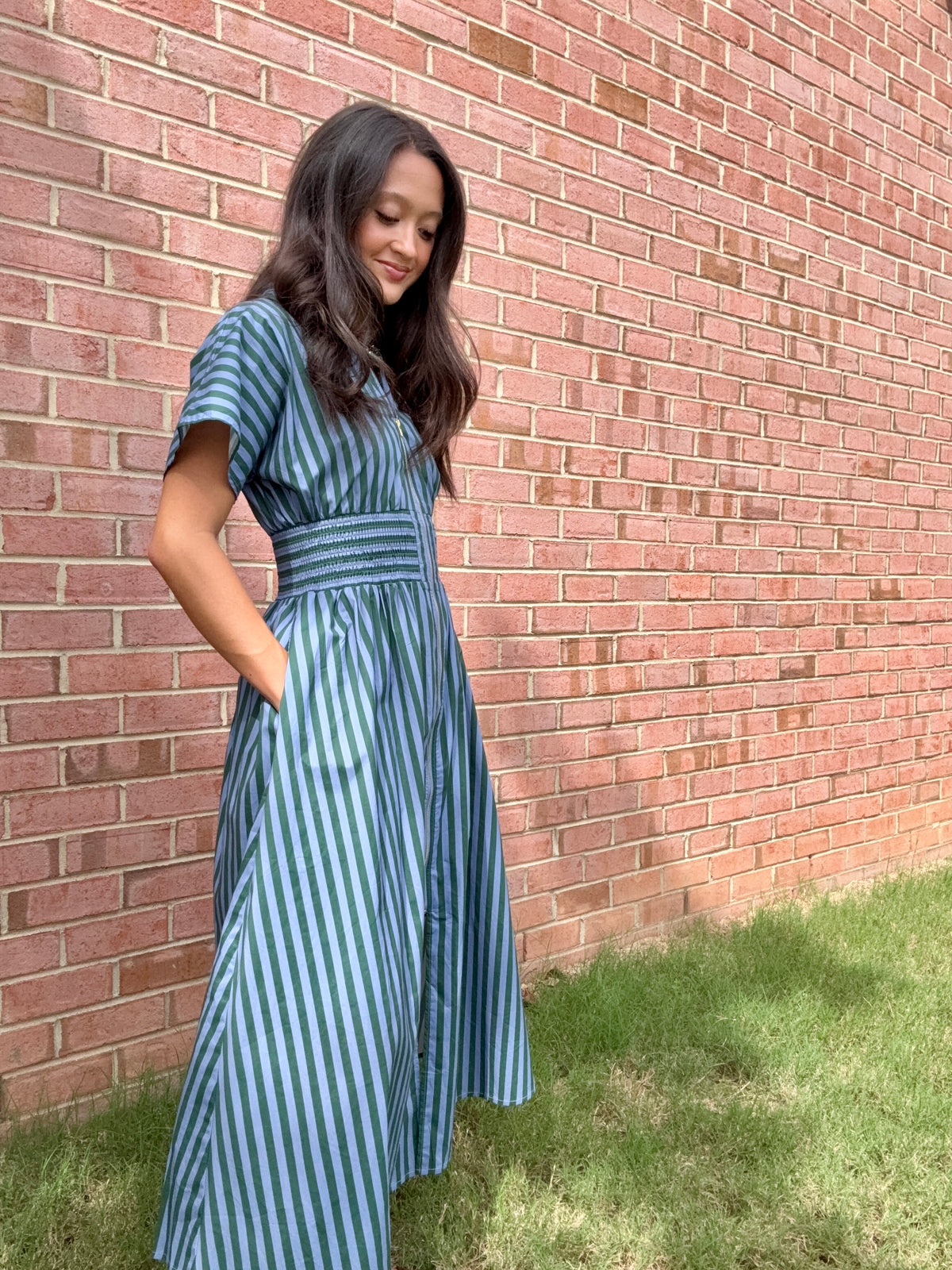 Blue Green Striped Midi Dress