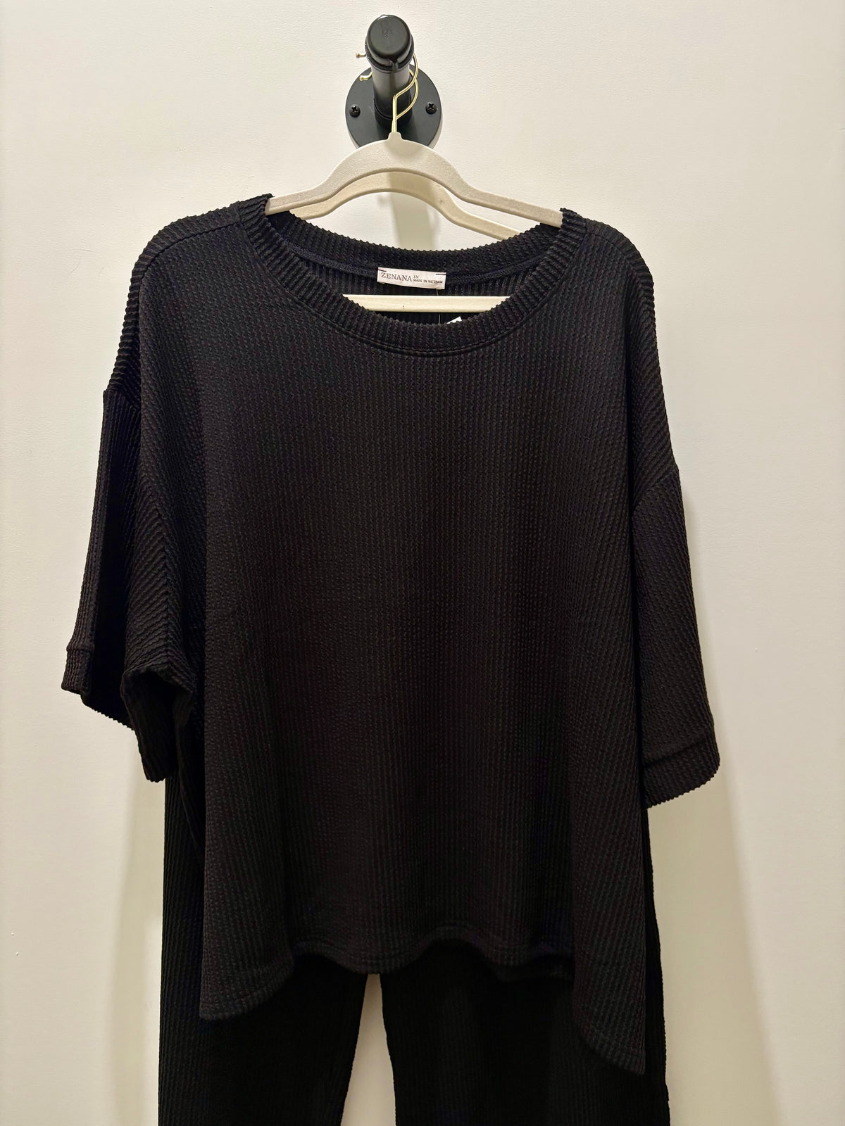Black Raised Rib Matching Pants Set