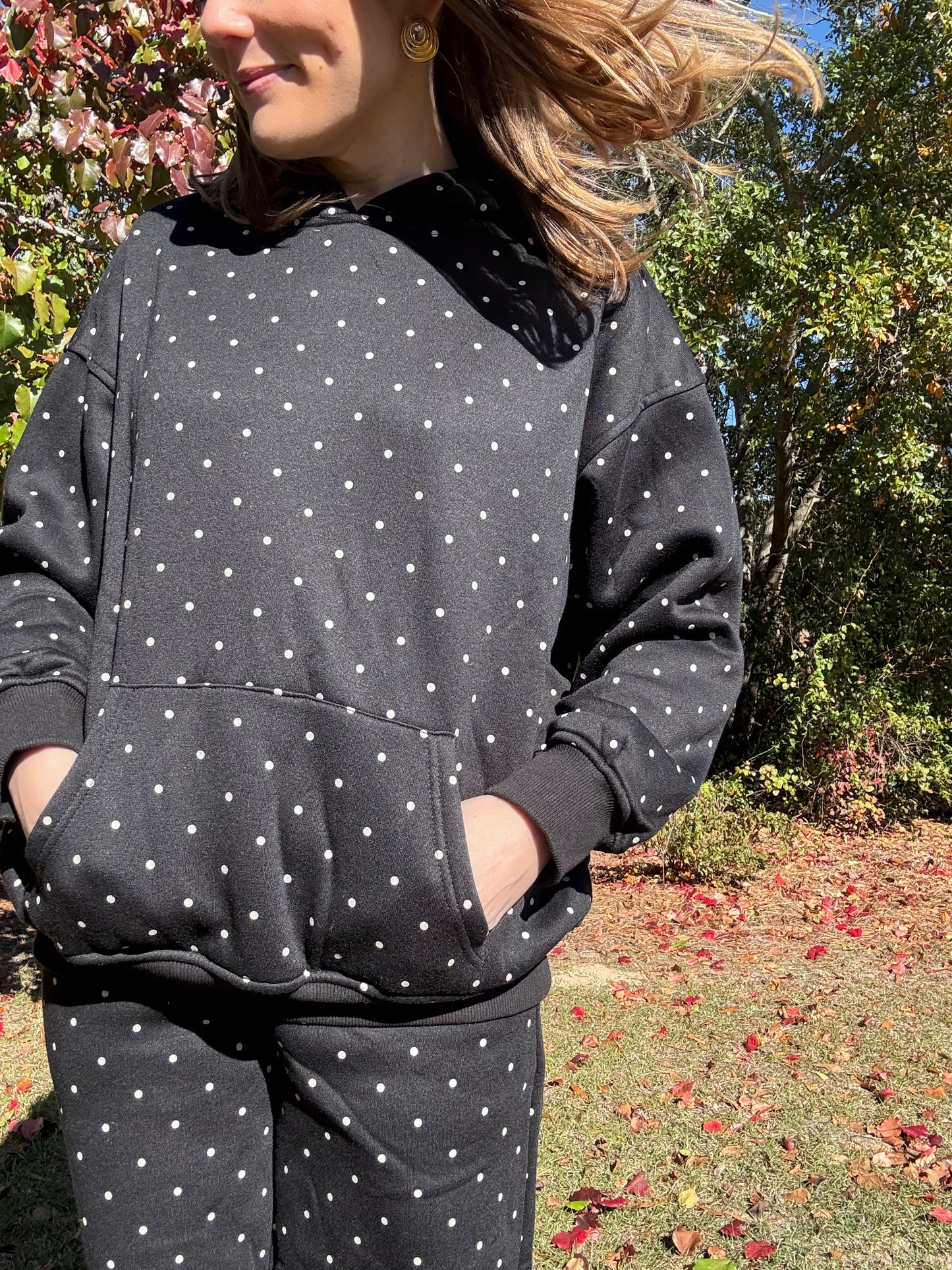 Black Polkadot Matching Hoodie and Pants Set