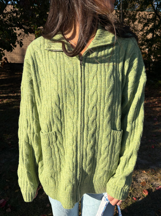 Green Zipper Cable Cardigan