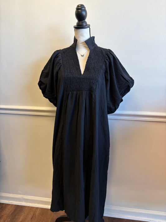 Maddie Smocked Black Midi Dress