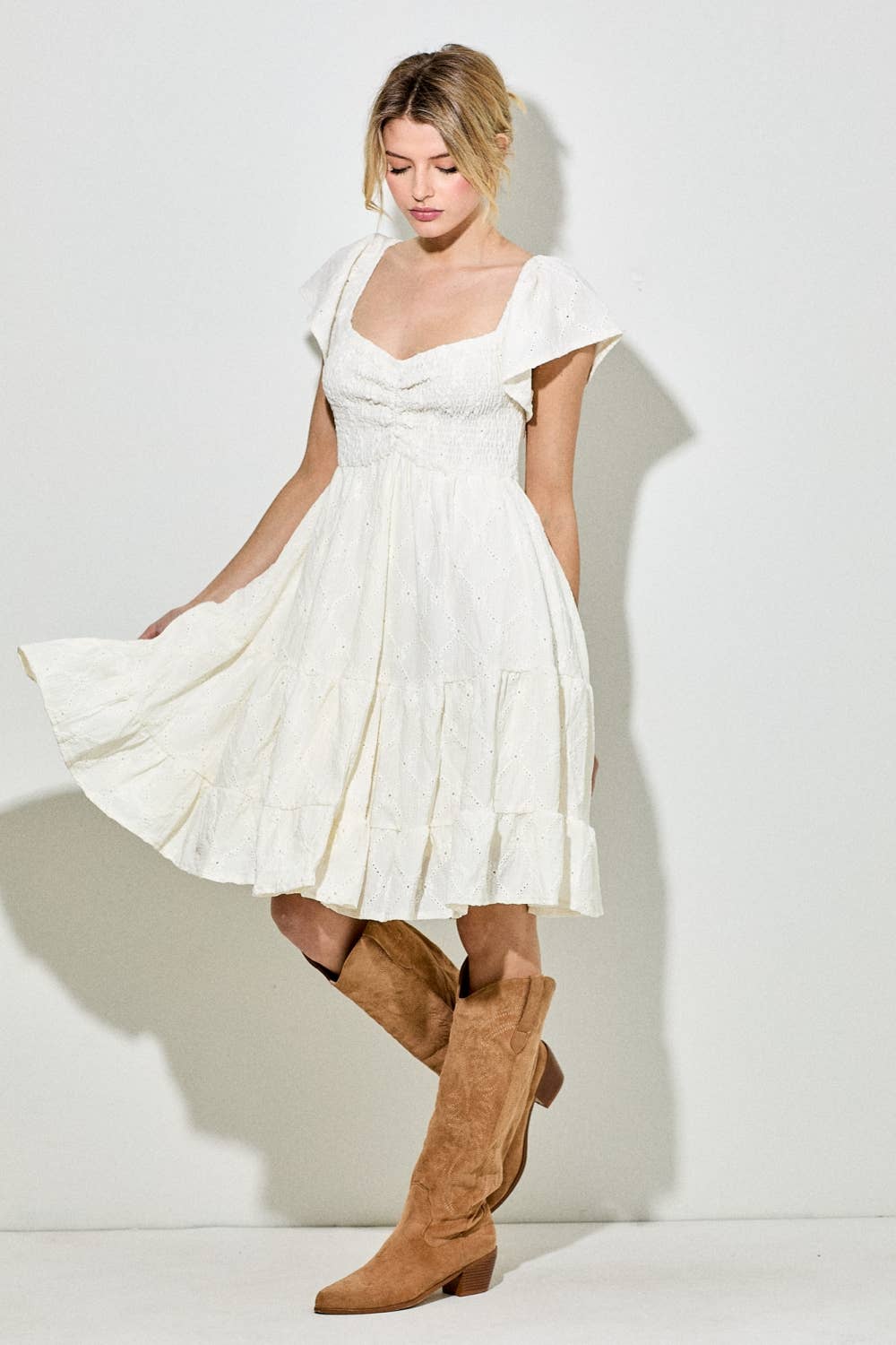 Eyelet Flutter Sleeve Dress