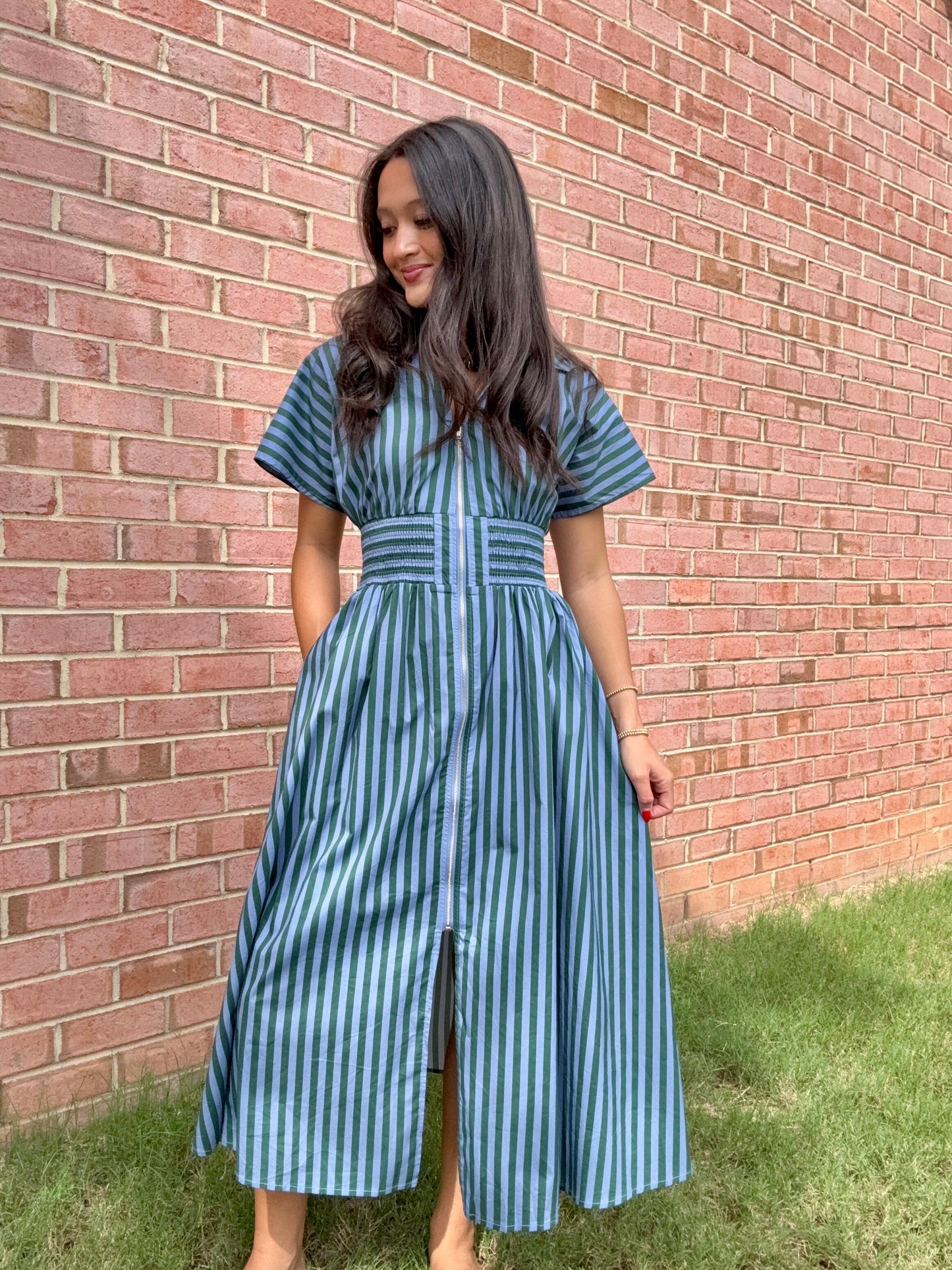 Blue Green Striped Midi Dress