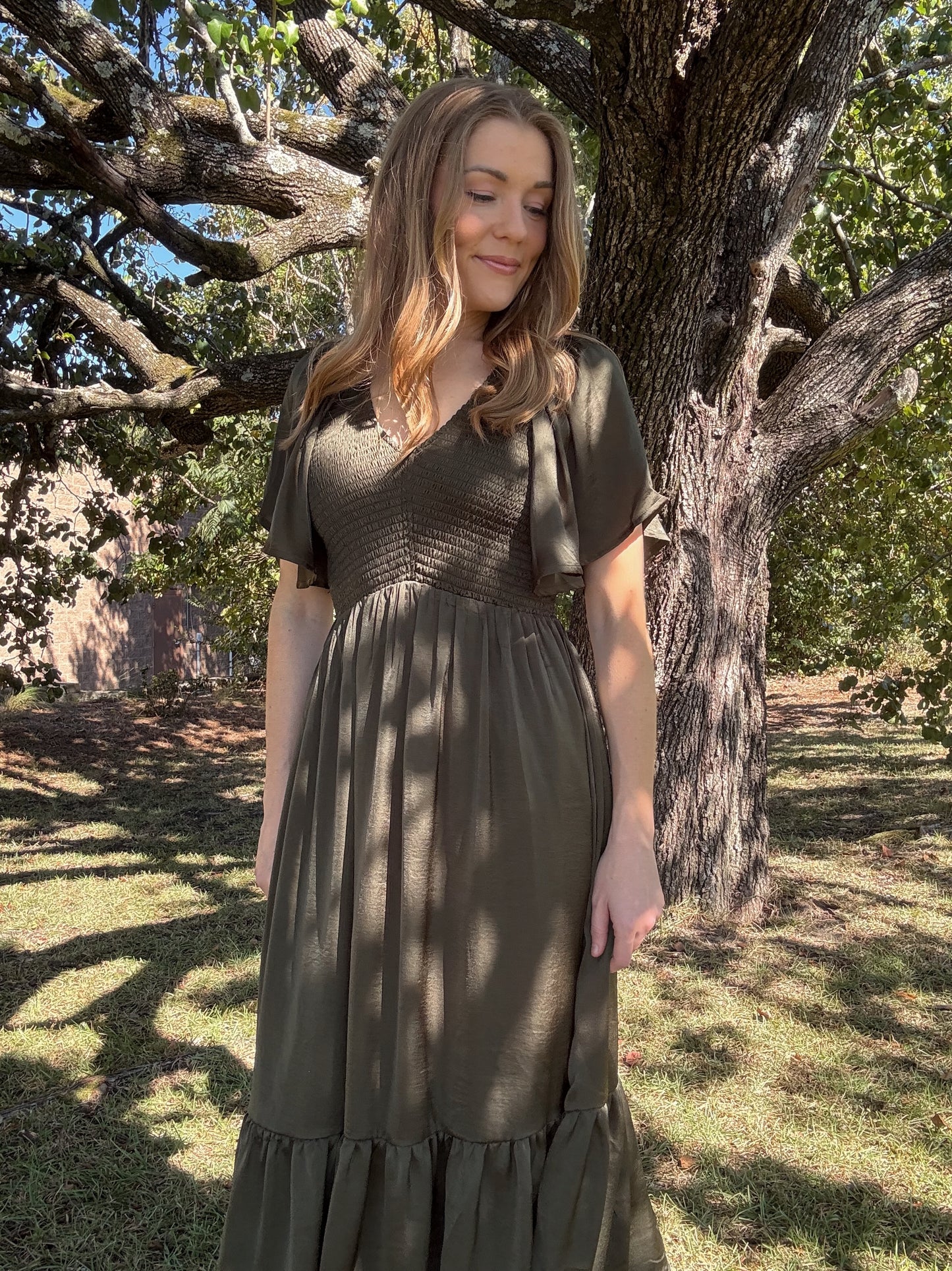 Olive Satin Maxi Dress