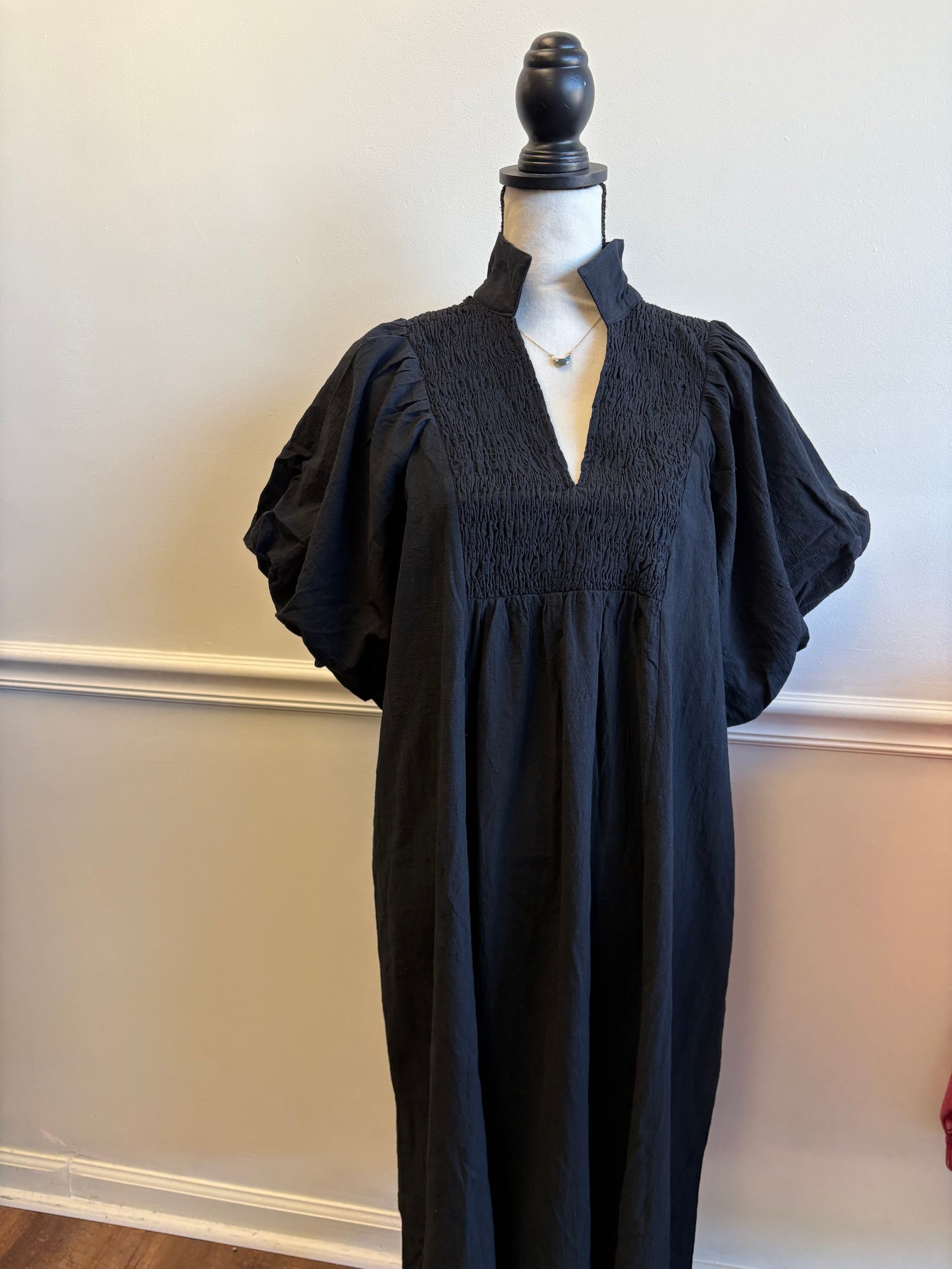 Maddie Smocked Black Midi Dress