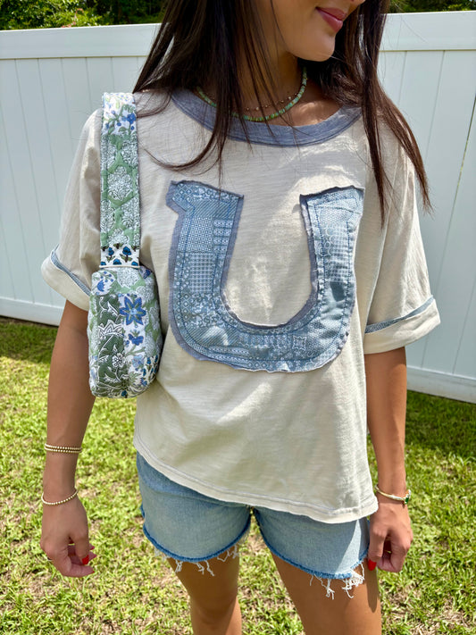 Blue Horseshoe Patchwork Blouse