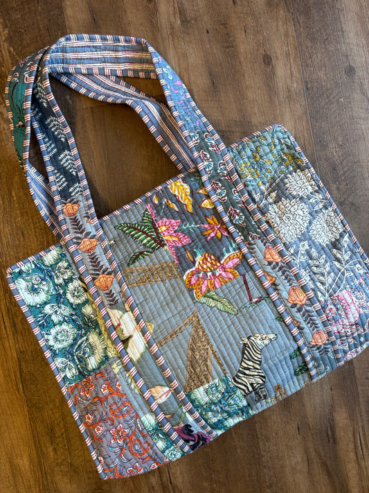 Blue Grey Quilted Square Tote