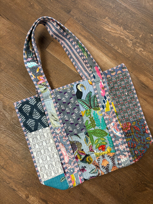 Blue Grey Quilted Square Tote