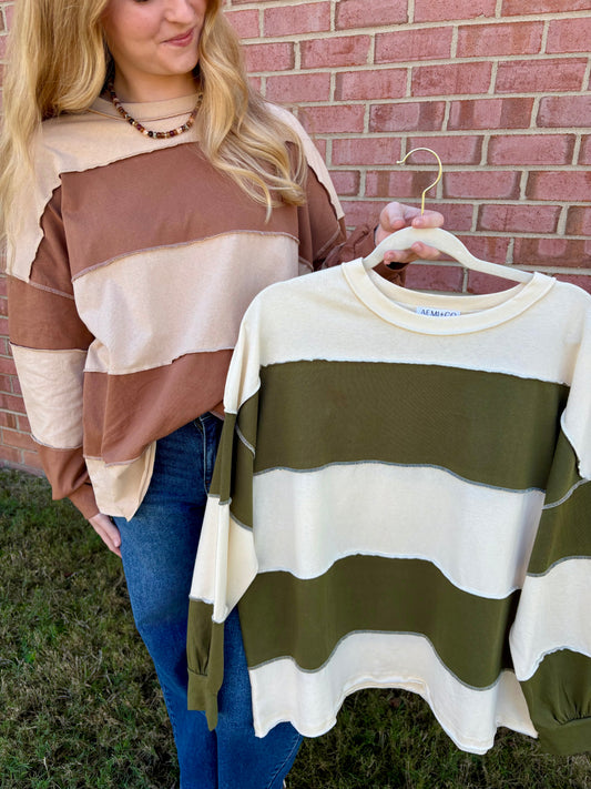 Contrast Striped Long Sleeve Tops