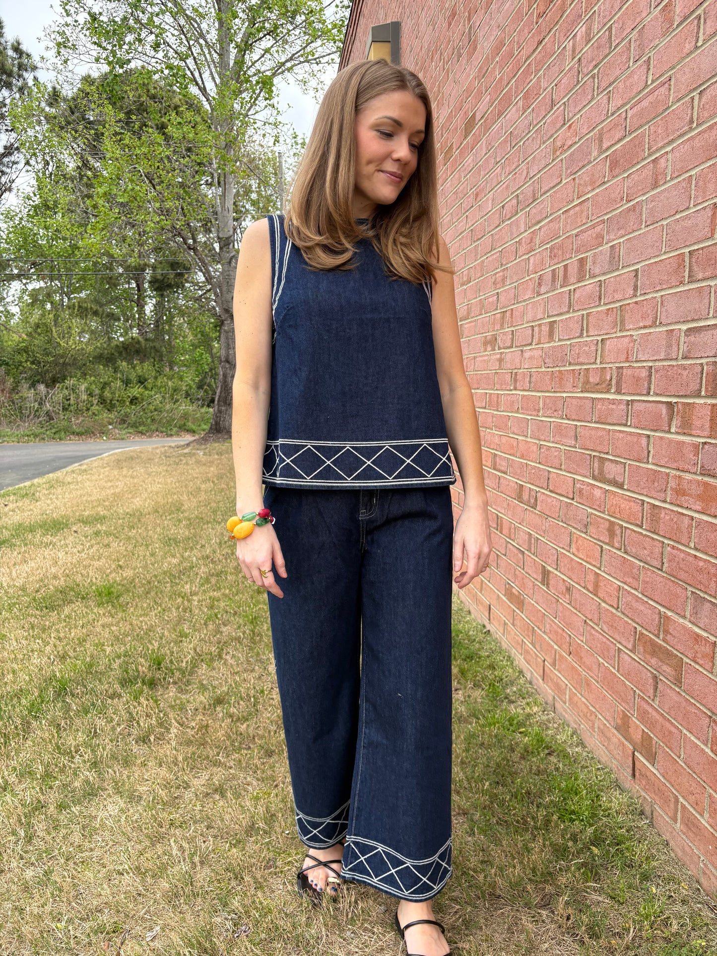 Embroidered Denim Tank & Pants Set