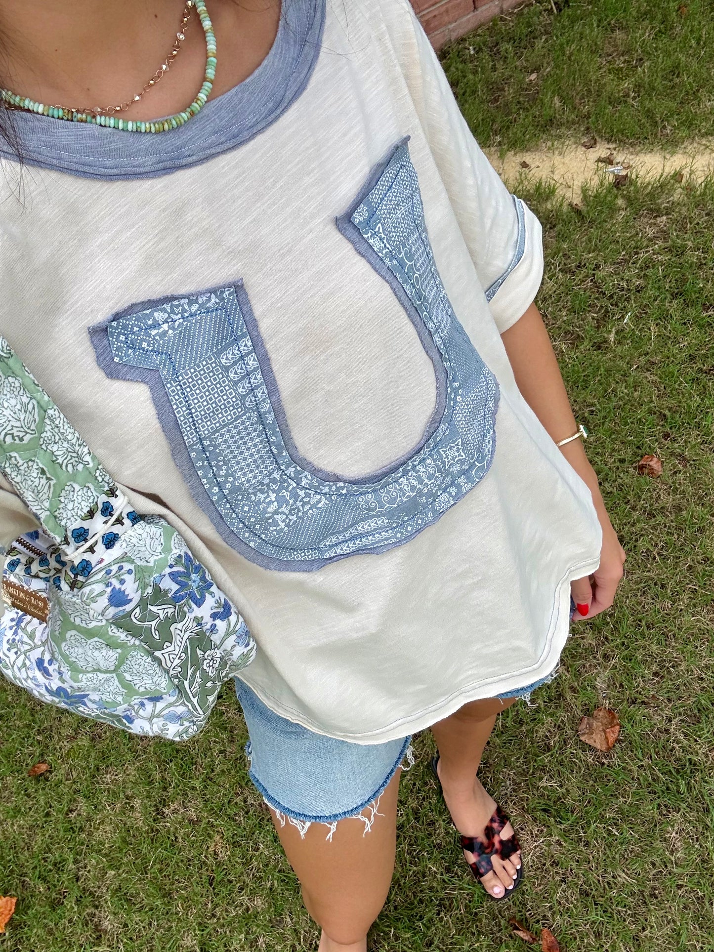 Blue Horseshoe Patchwork Blouse