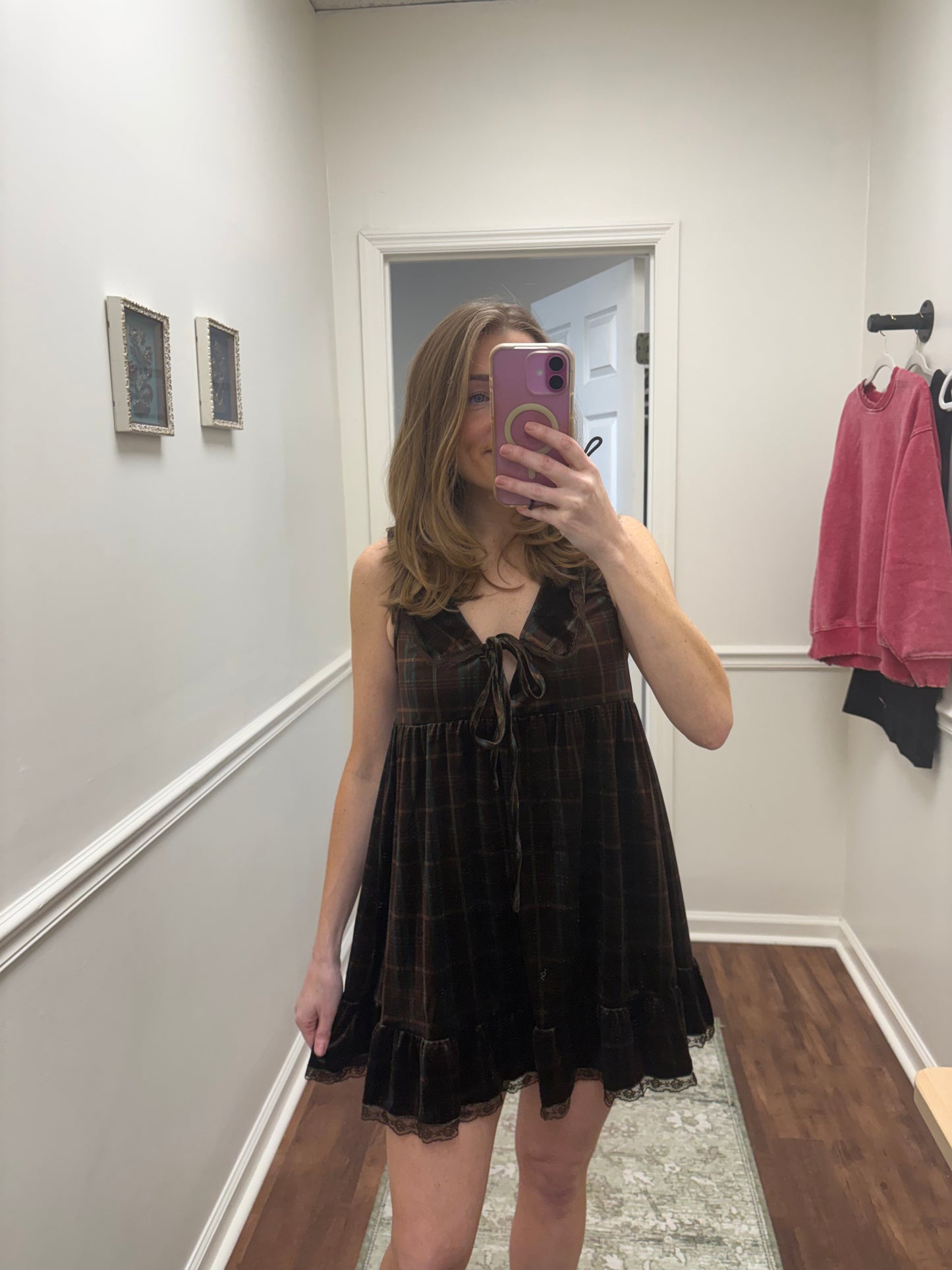 Brown Velvet Plaid Mini Dress