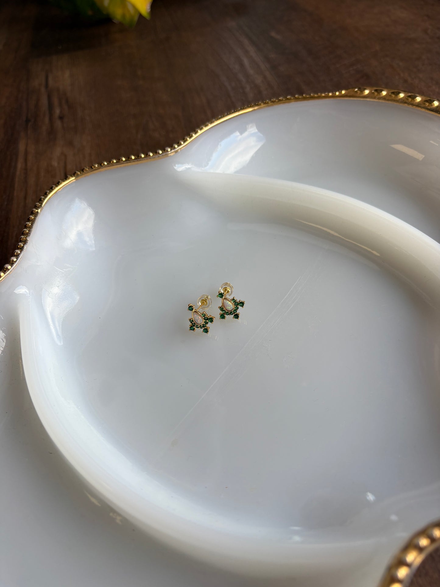 14K Gold Filled Teardrop White Opal Green Stud Earrings