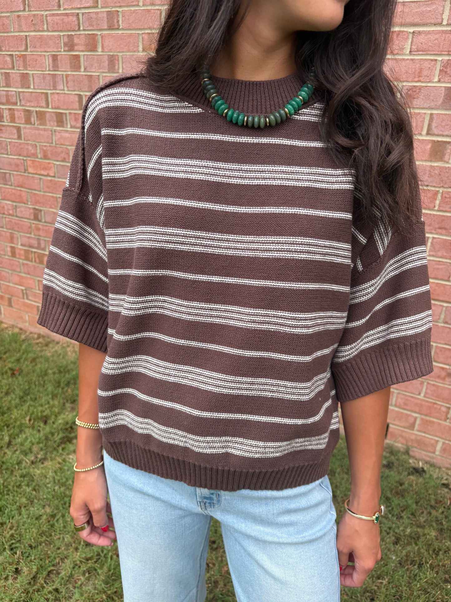 Brown Striped Short Sleeve Sweater
