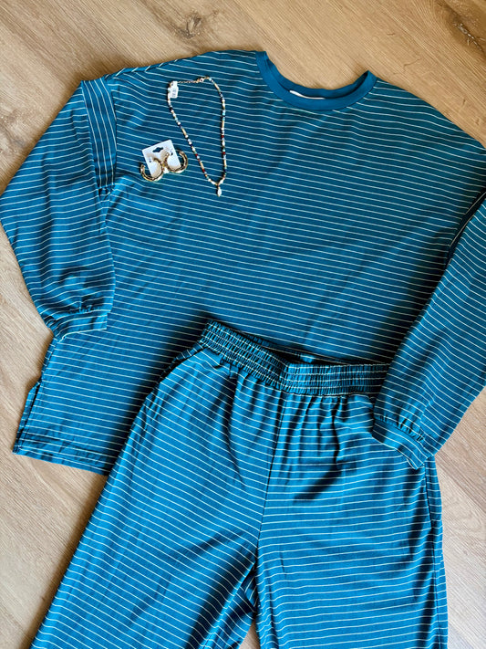 Cozy Teal Striped Matching Set