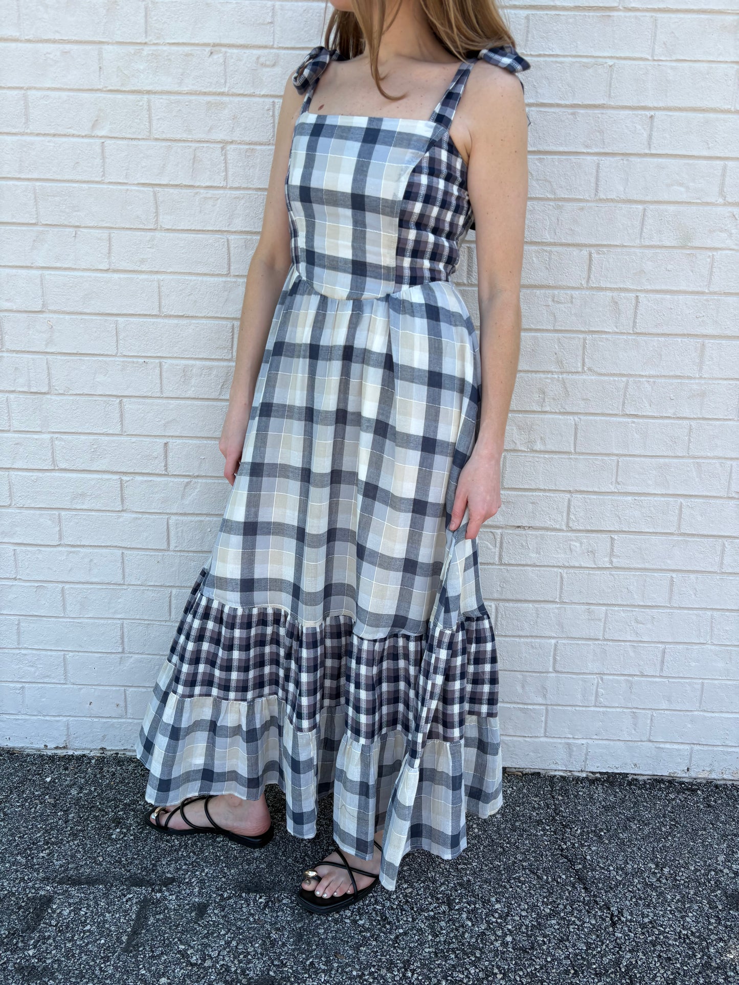 Navy Gingham Tiered Maxi Dress