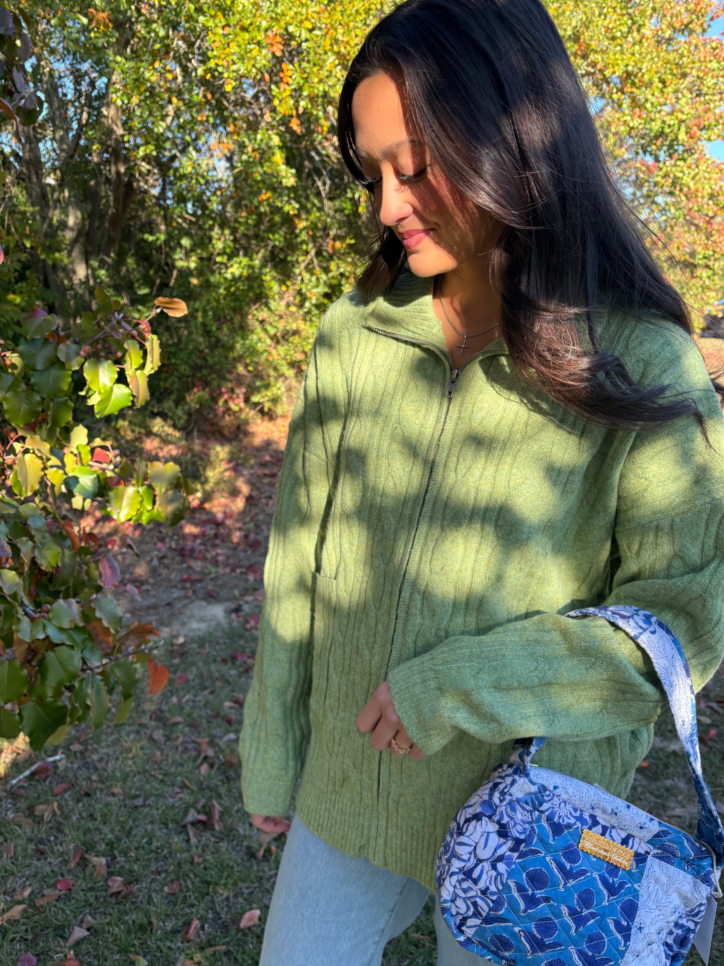 Green Zipper Cable Cardigan