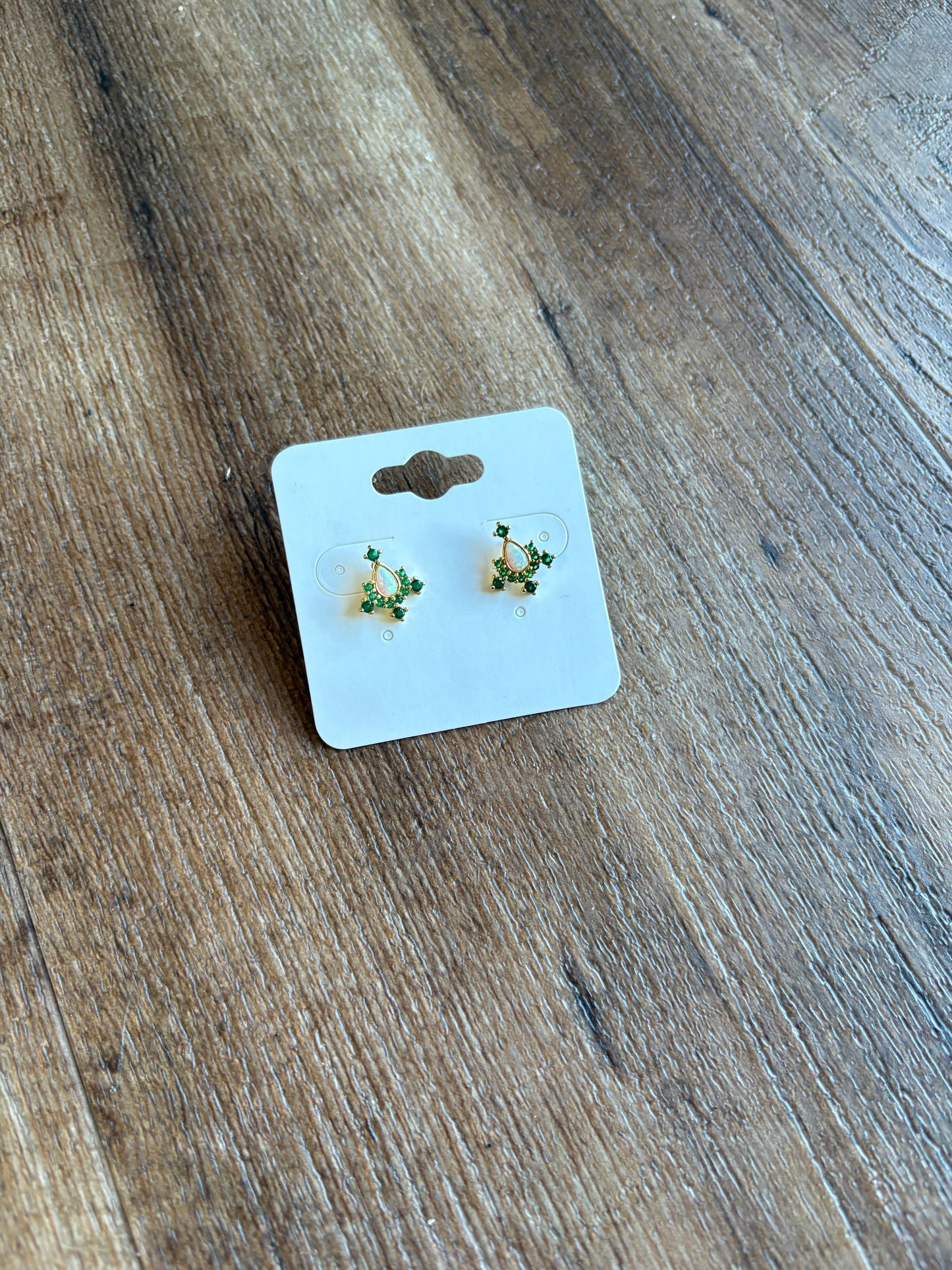 14K Gold Filled Teardrop White Opal Green Stud Earrings