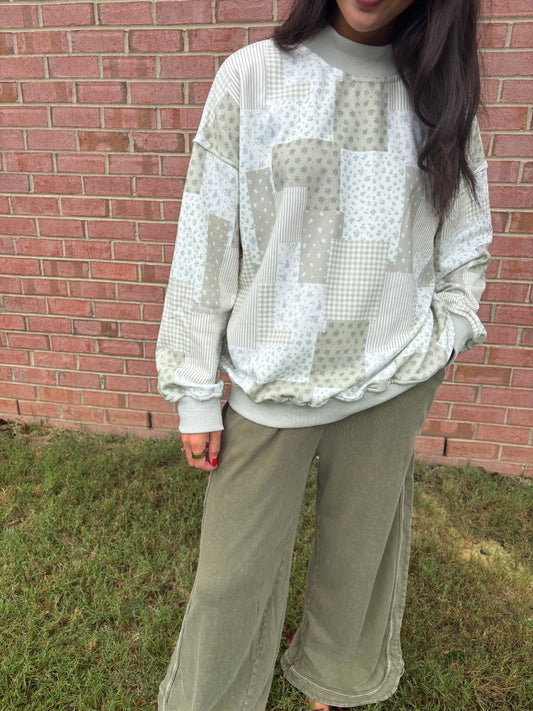 Sage Patchwork Mockneck Pullover