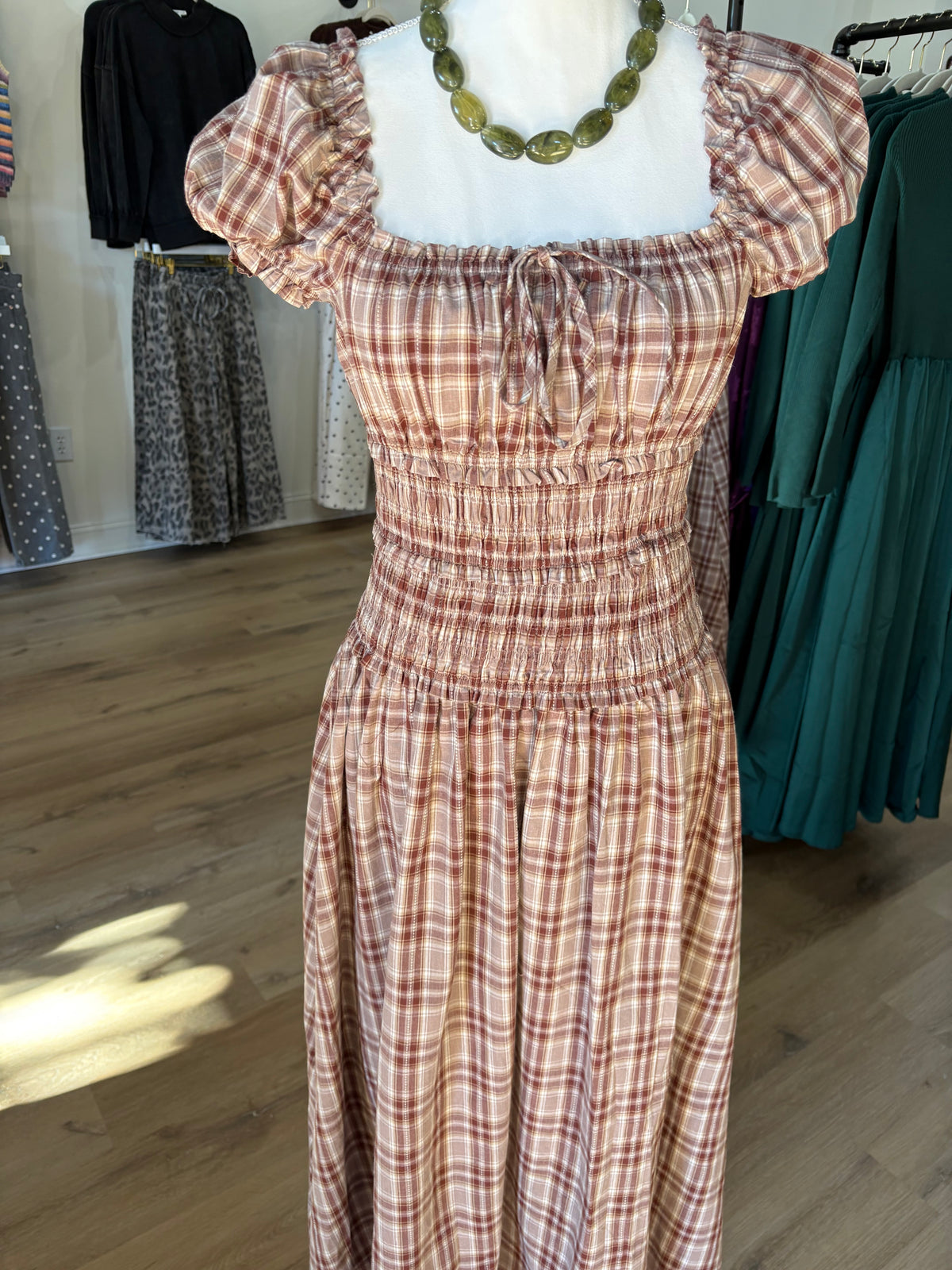 Burgundy Plaid Midi Dress