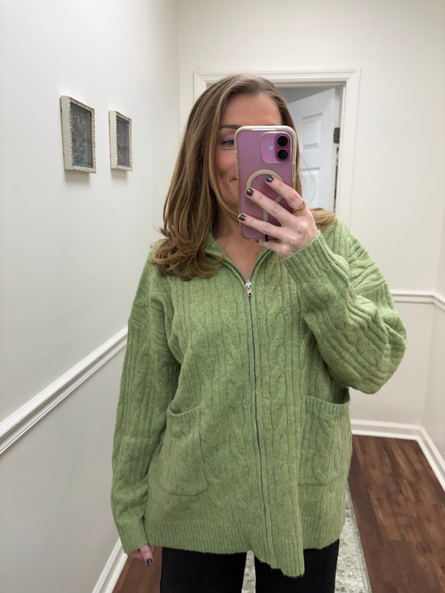 Green Zipper Cable Cardigan