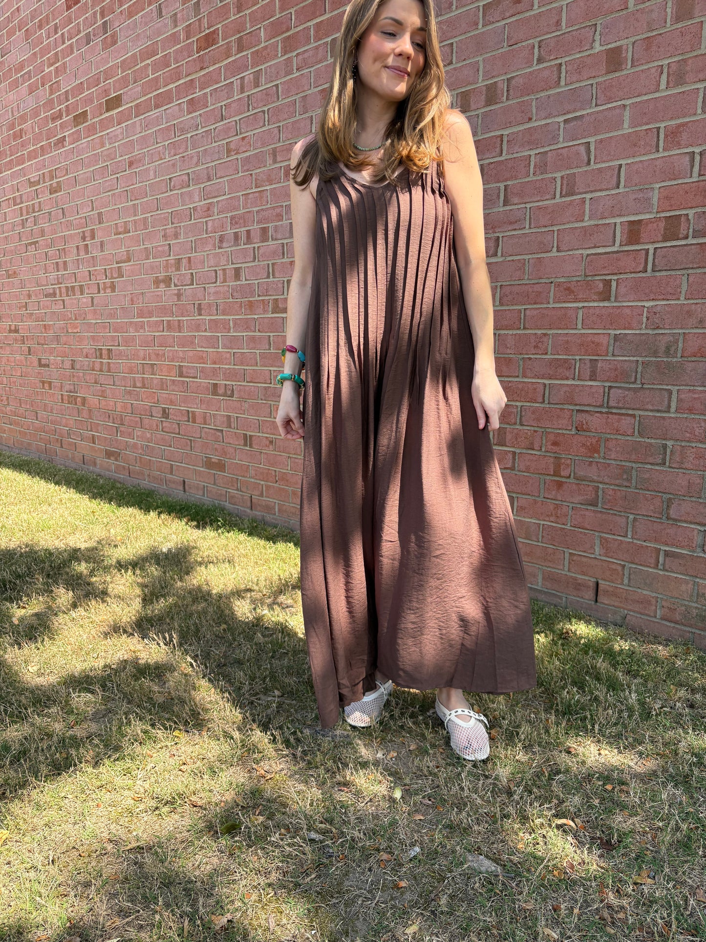 Isla Brown Pleated Maxi Dress