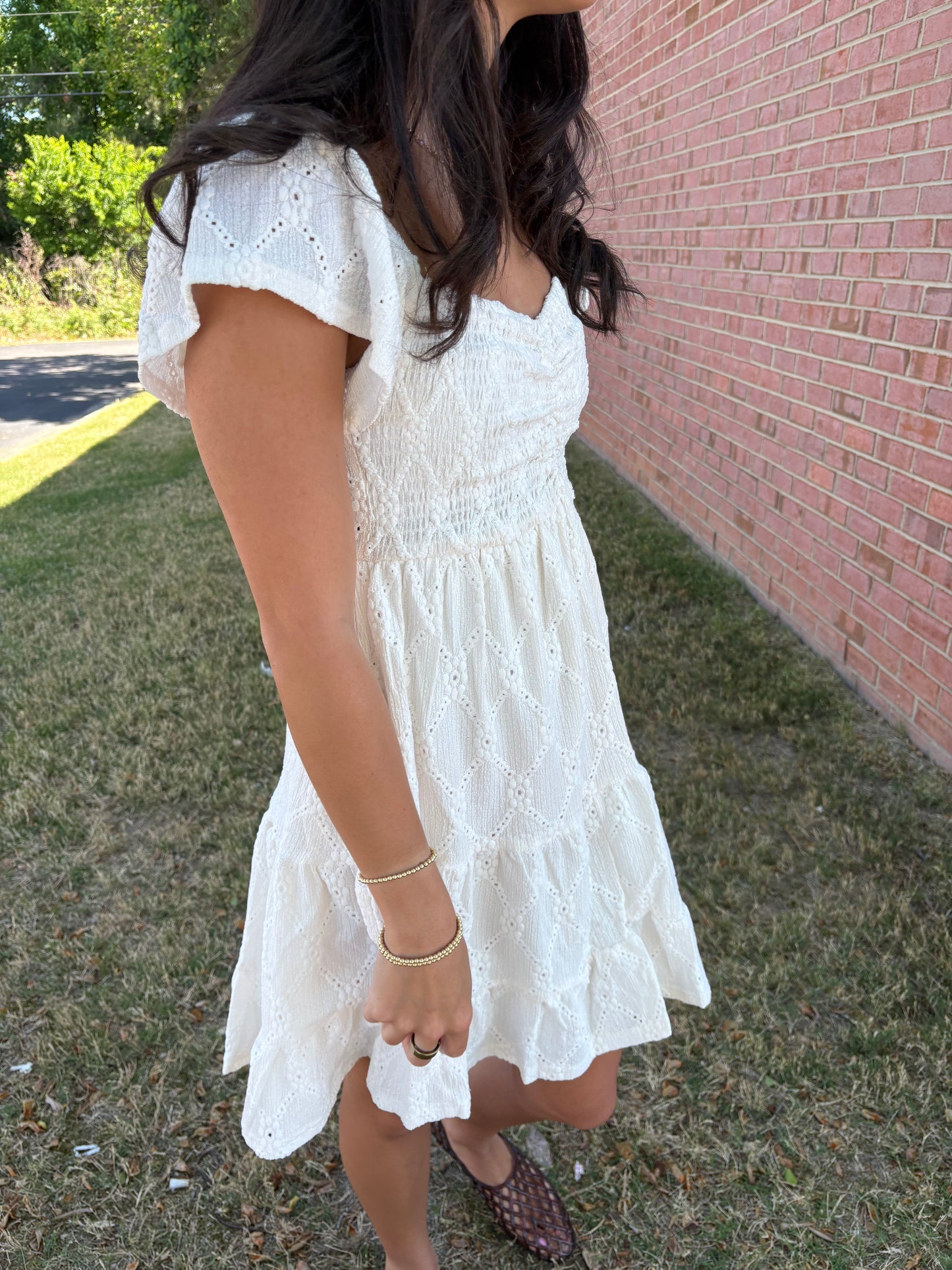 Eyelet Flutter Sleeve Dress