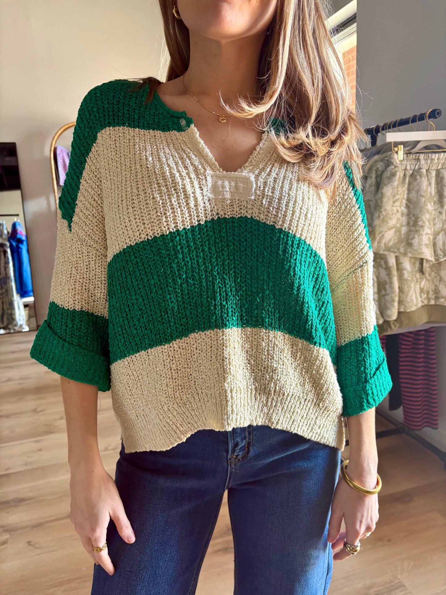 Wren Kelly Green Striped Sweater Top