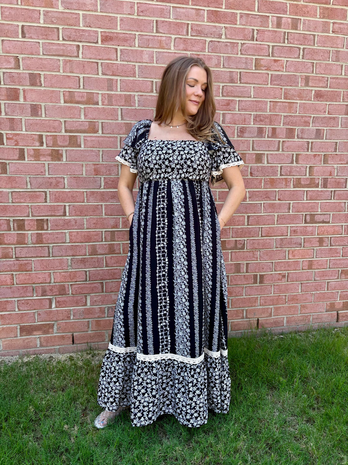 Black Floral Flutter Sleeve Maxi