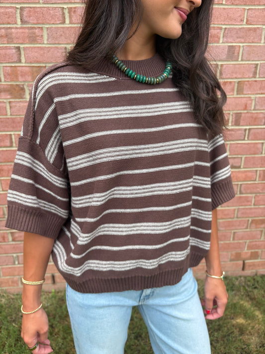 Brown Striped Short Sleeve Sweater