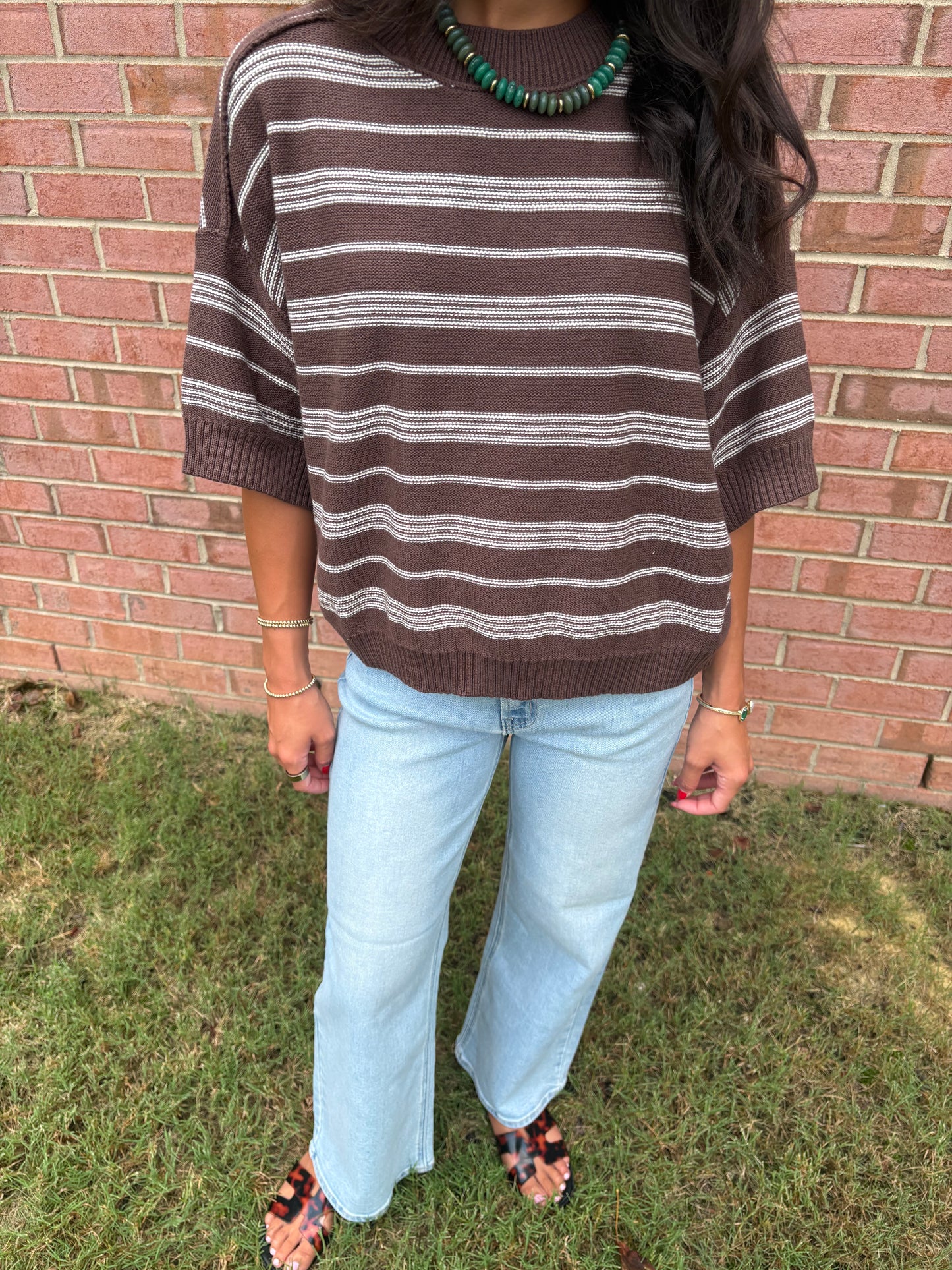 Brown Striped Short Sleeve Sweater