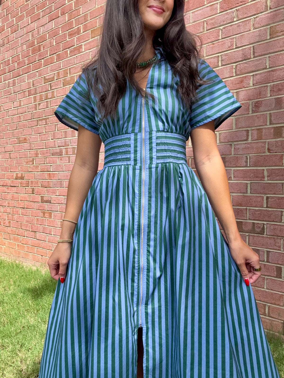 Blue Green Striped Midi Dress
