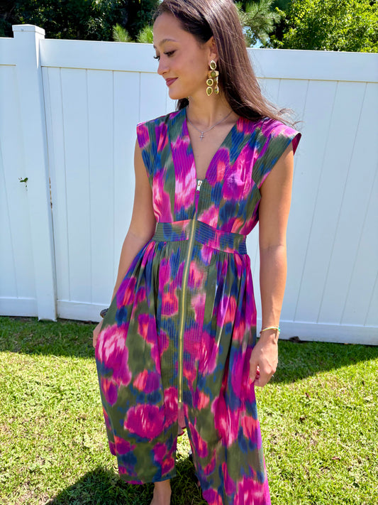 Magenta Watercolor Midi Dress