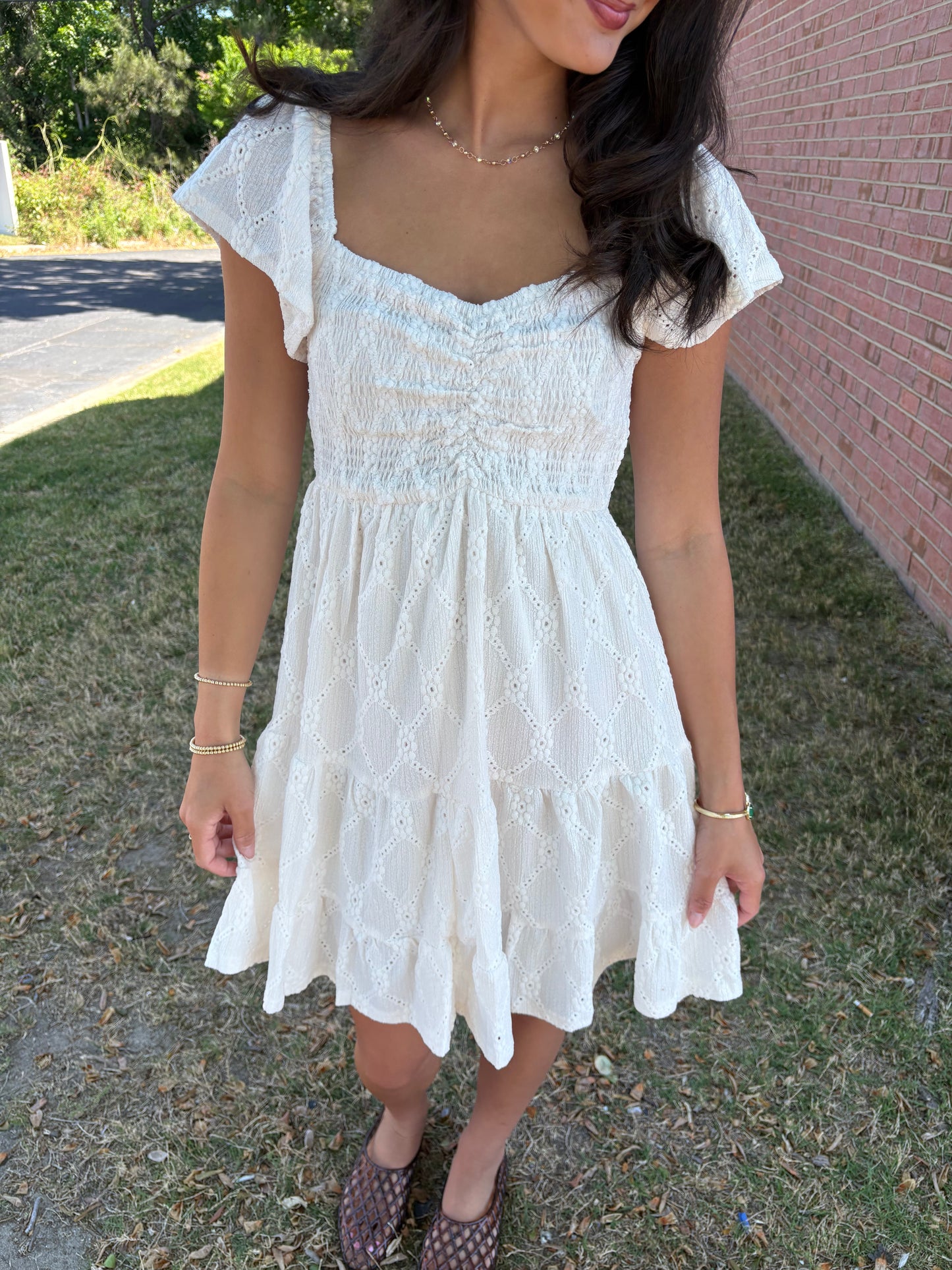 Eyelet Flutter Sleeve Dress