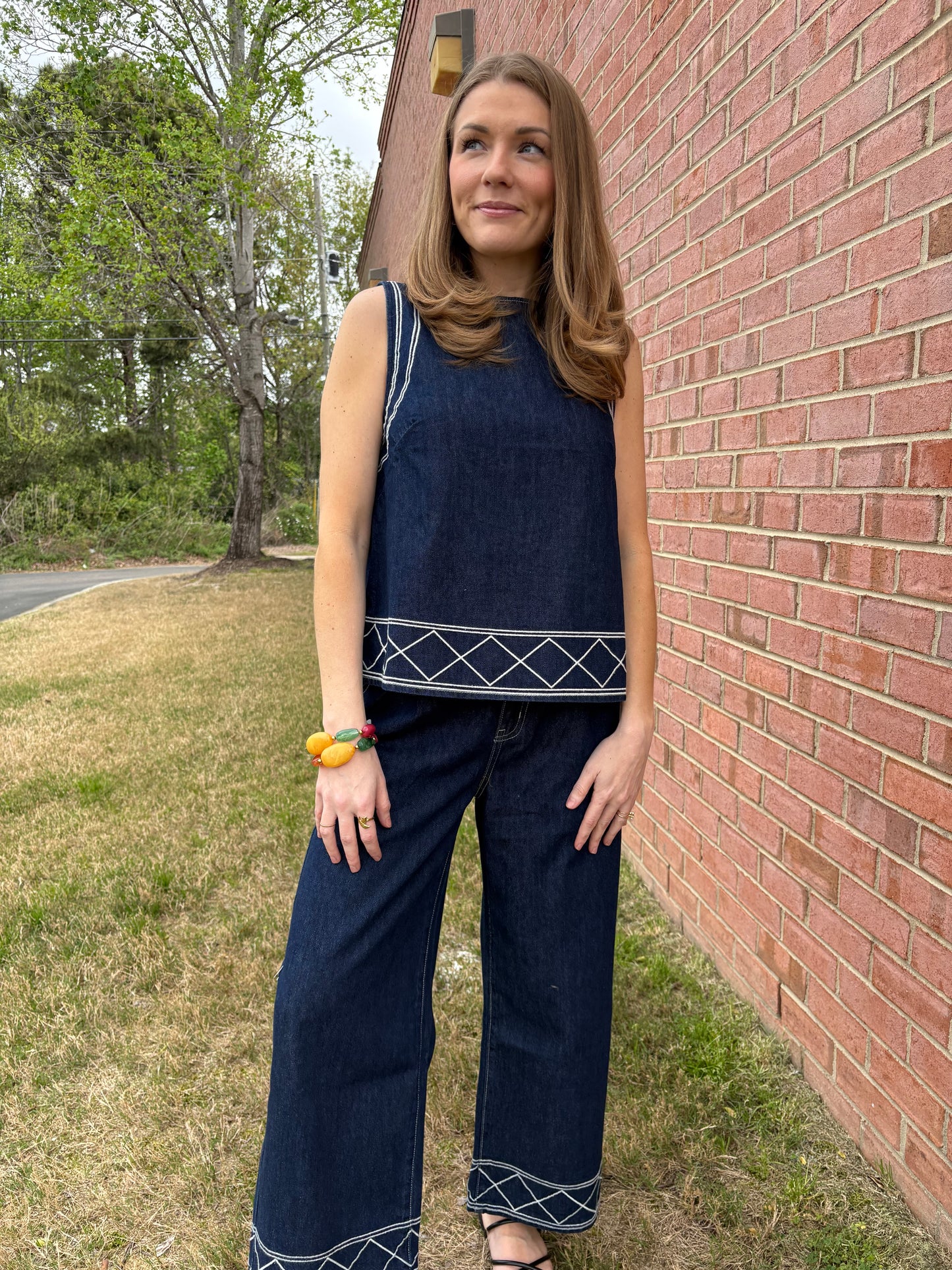 Embroidered Denim Tank & Pants Set