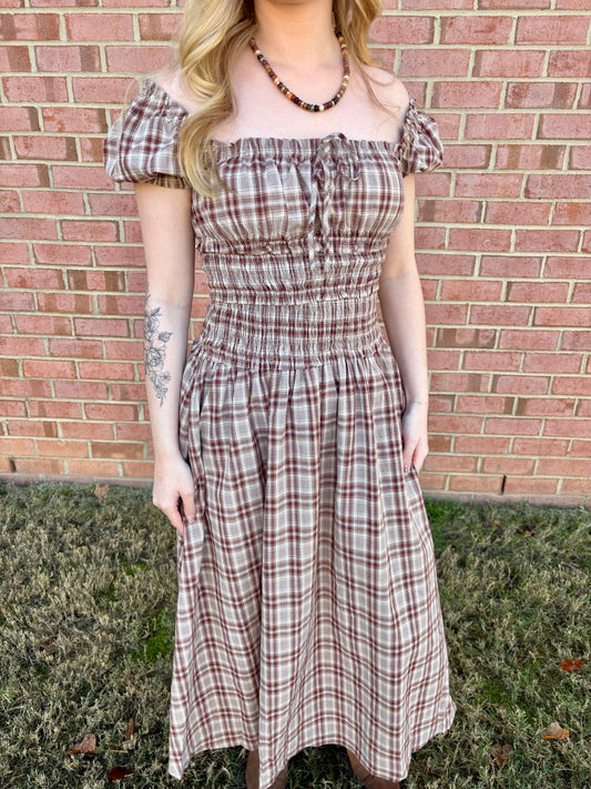 Burgundy Plaid Midi Dress