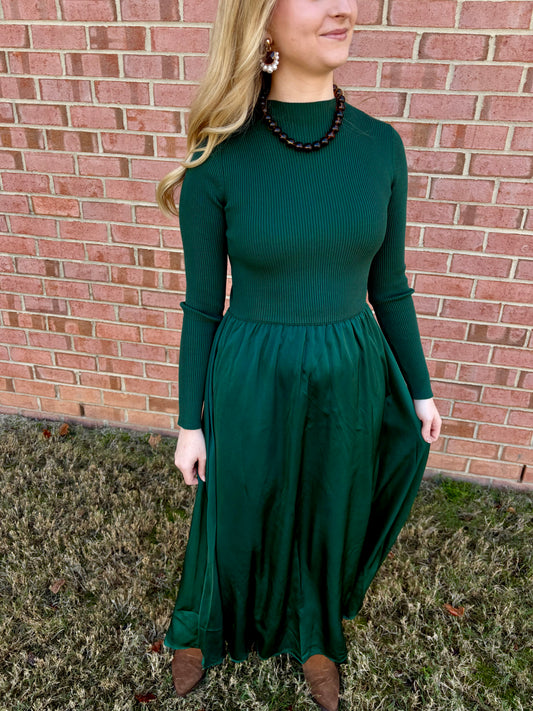 Emerald Satin Twofer Midi Dress