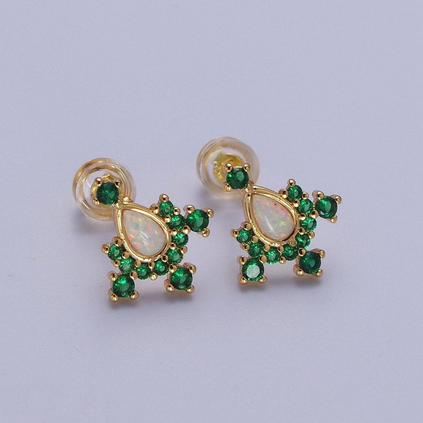 14K Gold Filled Teardrop White Opal Green Stud Earrings
