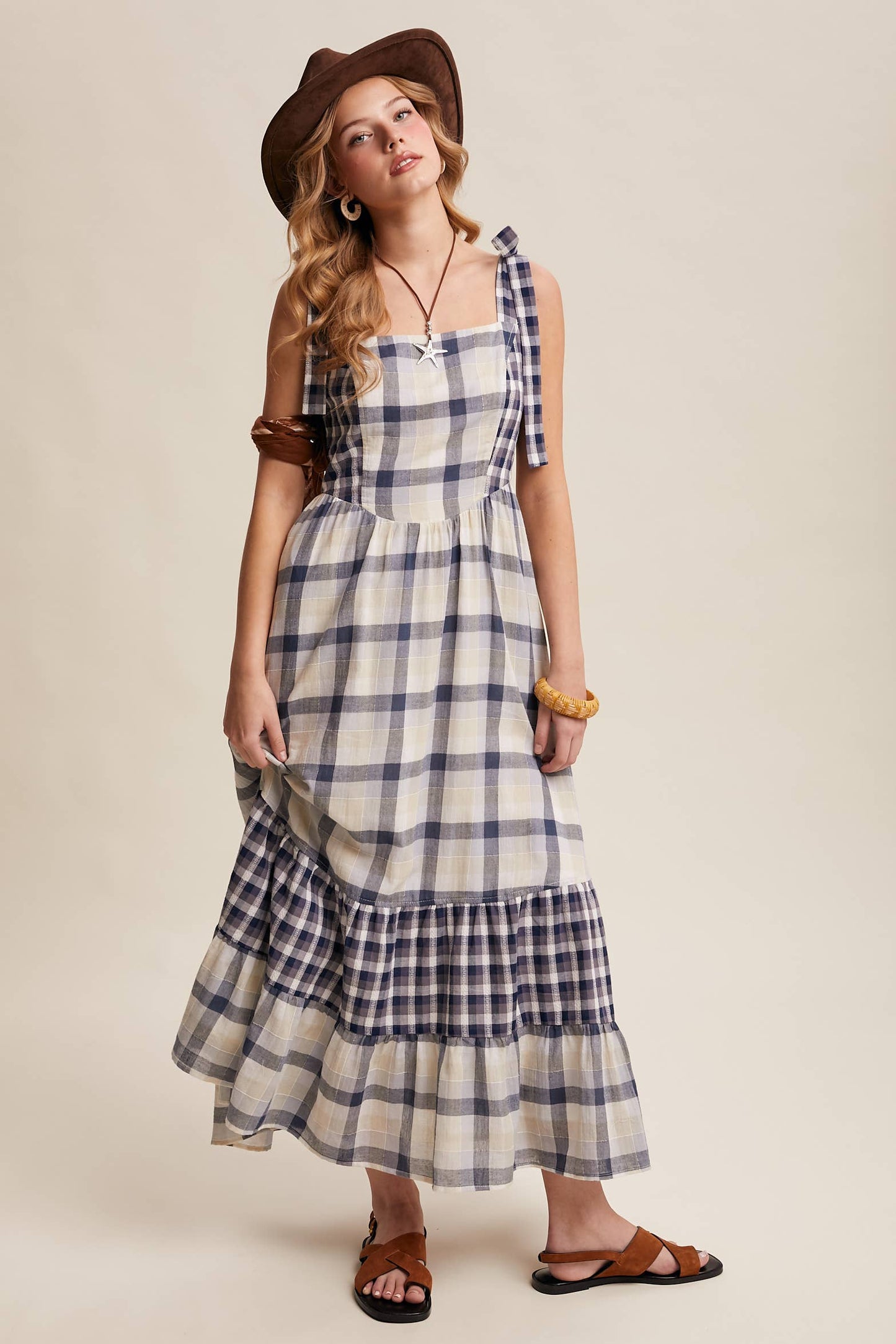 Navy Gingham Tiered Maxi Dress