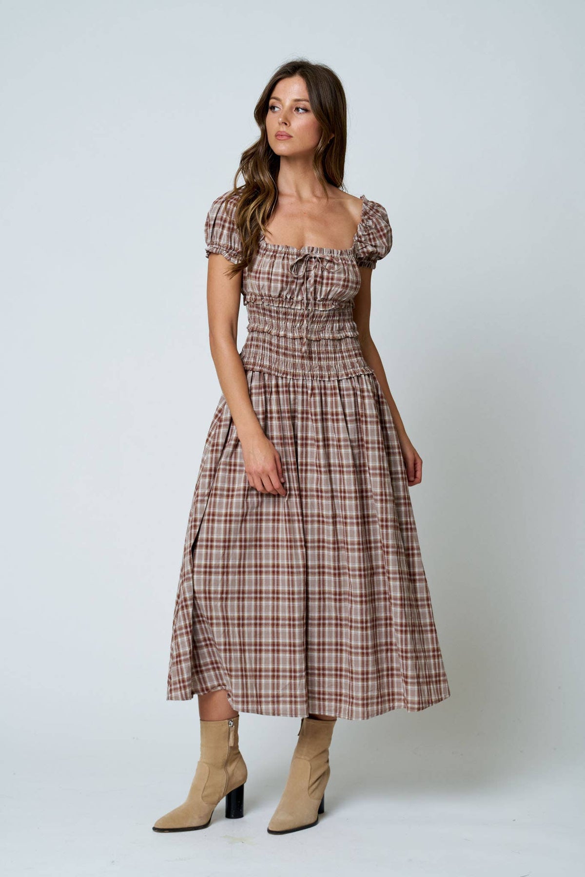 Burgundy Plaid Midi Dress