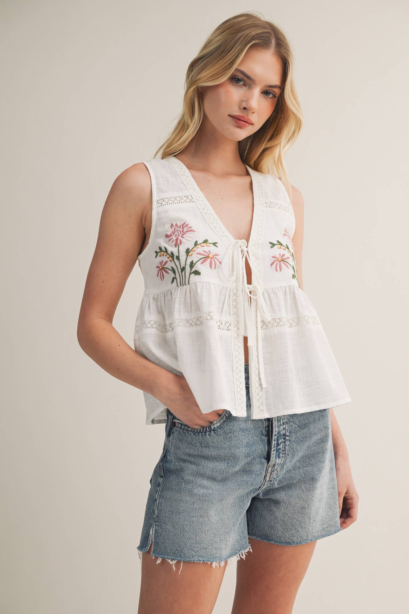 Meadow Embroidered Floral Tie-Front Vest