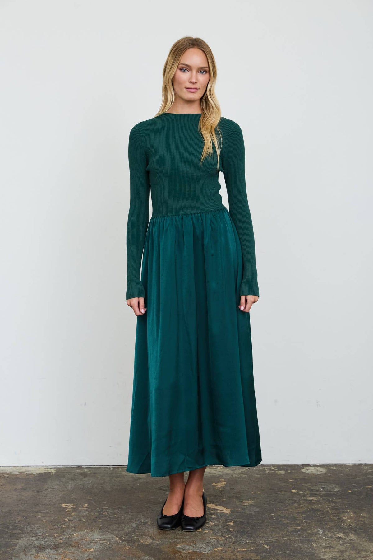Emerald Satin Twofer Midi Dress